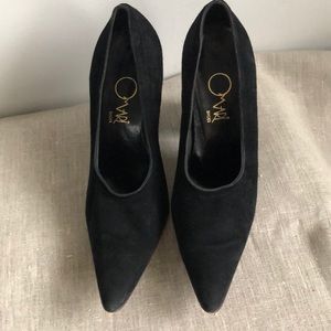 Black suede pumps by Omari Shoes NY